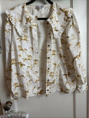 Ganni White Blouse with Gold Horse Print